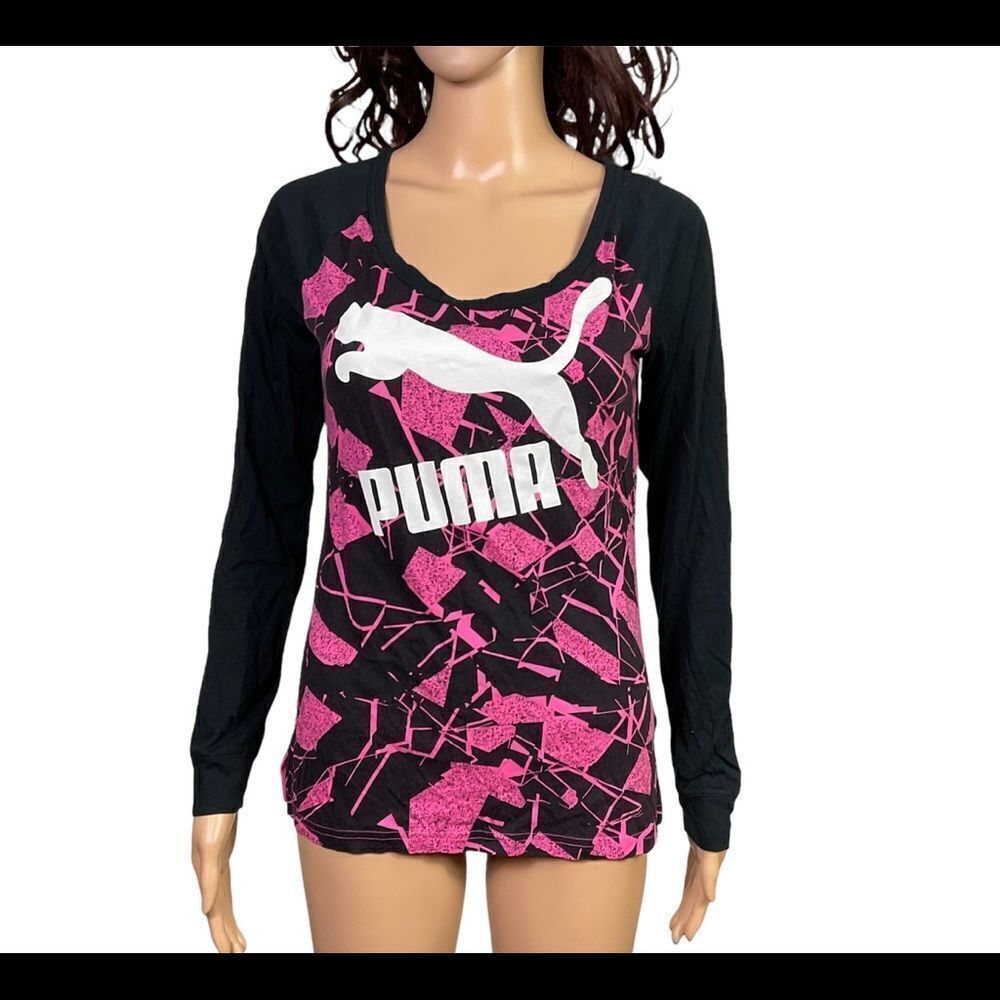 Puma Pink Black White Long Sleeve Logo Front T-Shirt S